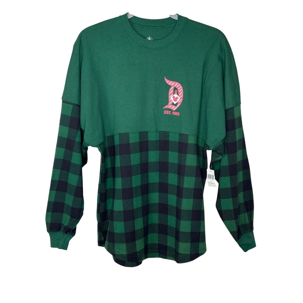 NEW Disney Spirit Jersey XS Green Buffalo Plaid Disneyland Holiday Glitter Shirt - Picture 2 of 8